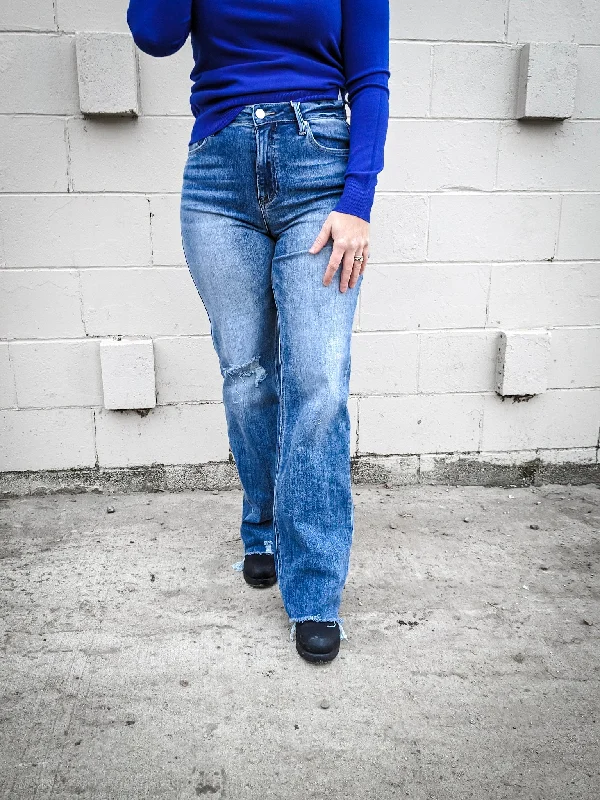 High Rise Long Inseam Straight Jeans Elegant High-Waisted Flared Jeans