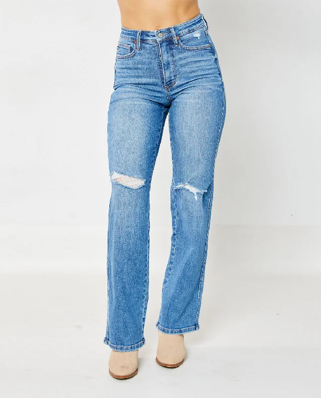 Judy Blue High Rise Tummy Control Knee Destroy Straight Jeans Comfortable Low-Rise Jeans