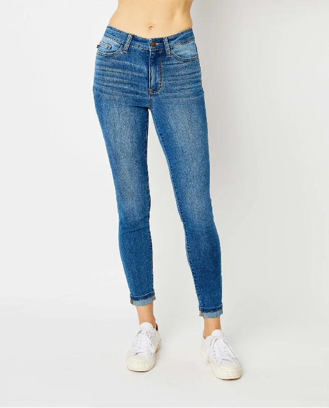 Judy Blue High Waist Cuffed Hem Skinny Jeans Fashionable Slouchy Fit Jeans