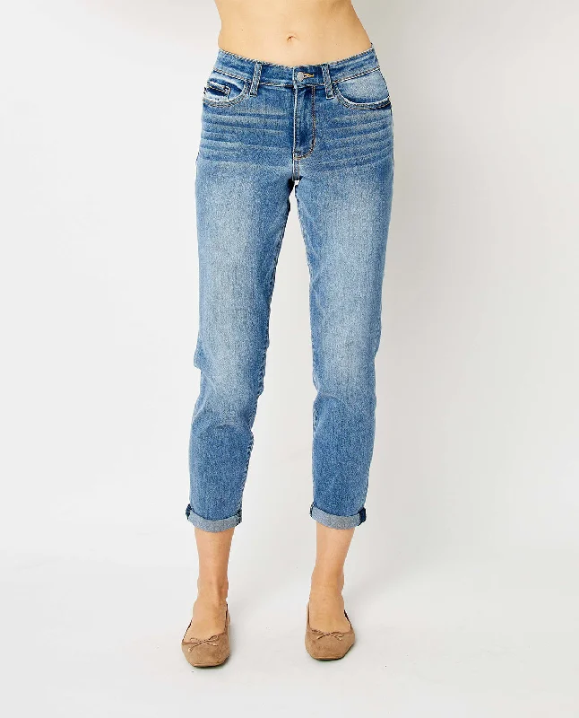 Judy Blue Mid Rise Cuffed Slim Jeans Stylish Shredded Denim Jeans