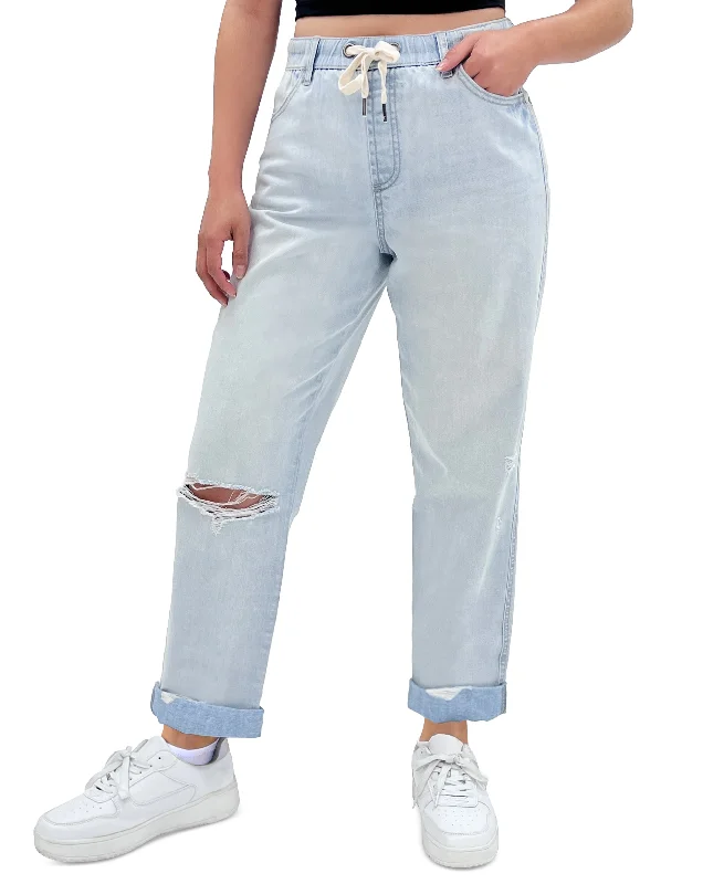 Juniors' Drawstring-Waist Pull-On Boyfriend Jeans Trendy Acid Wash Skinny Jeans