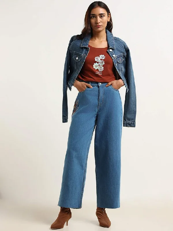 LOV Blue Wide Leg - Fit Mid - Rise Jeans Elegant Raw Hem Jeans