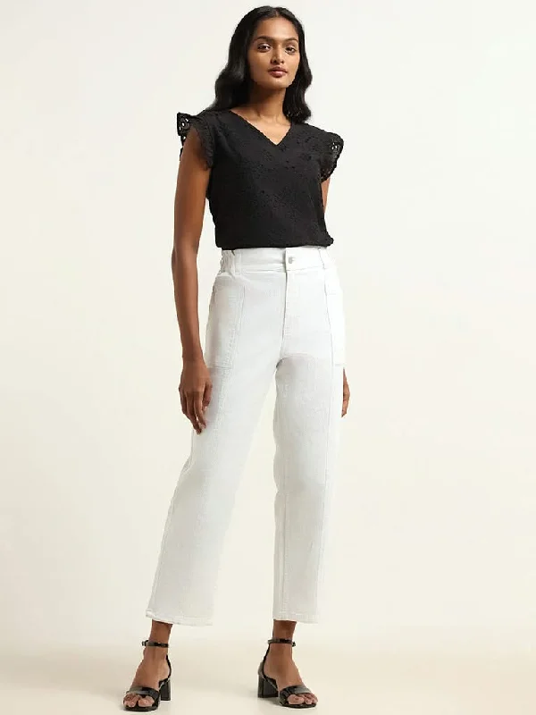 LOV White Wide Leg - Fit Mid - Rise Jeans Fashionable Straight Cut Jeans