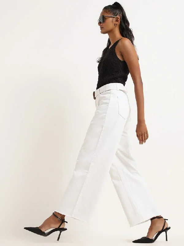 LOV White Wide Leg Fit Mid Rise Jeans with Belt Classic Blue Denim Jeans