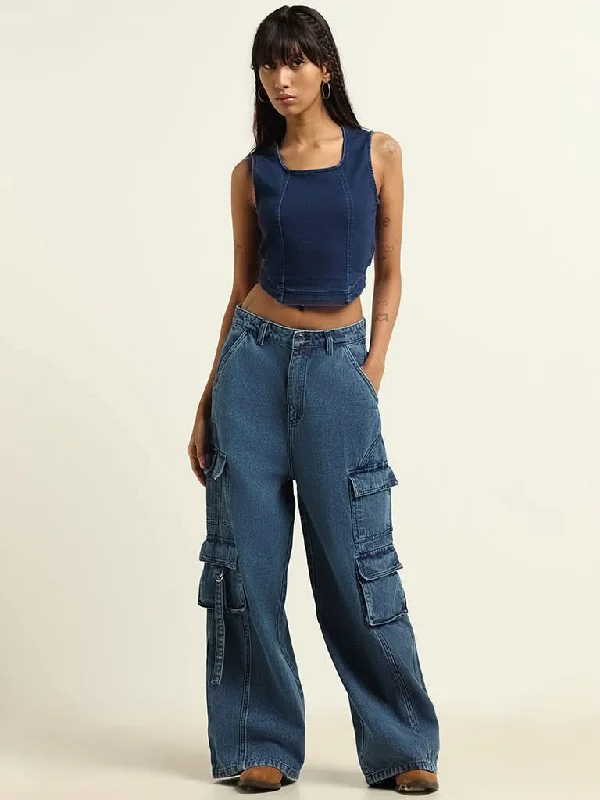 Nuon Blue Relaxed Fit High-Waist Cargo Jeans Classic Black Denim Jeans