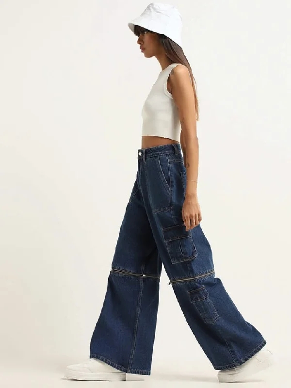 Nuon Blue Relaxed - Fit Mid Rise Jeans Comfortable Faded High-Rise Jeans