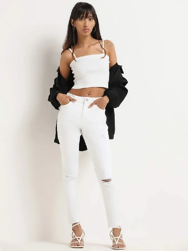 Nuon White Slim - Fit Mid Rise Jeans Casual High-Waisted Bootcut Jeans