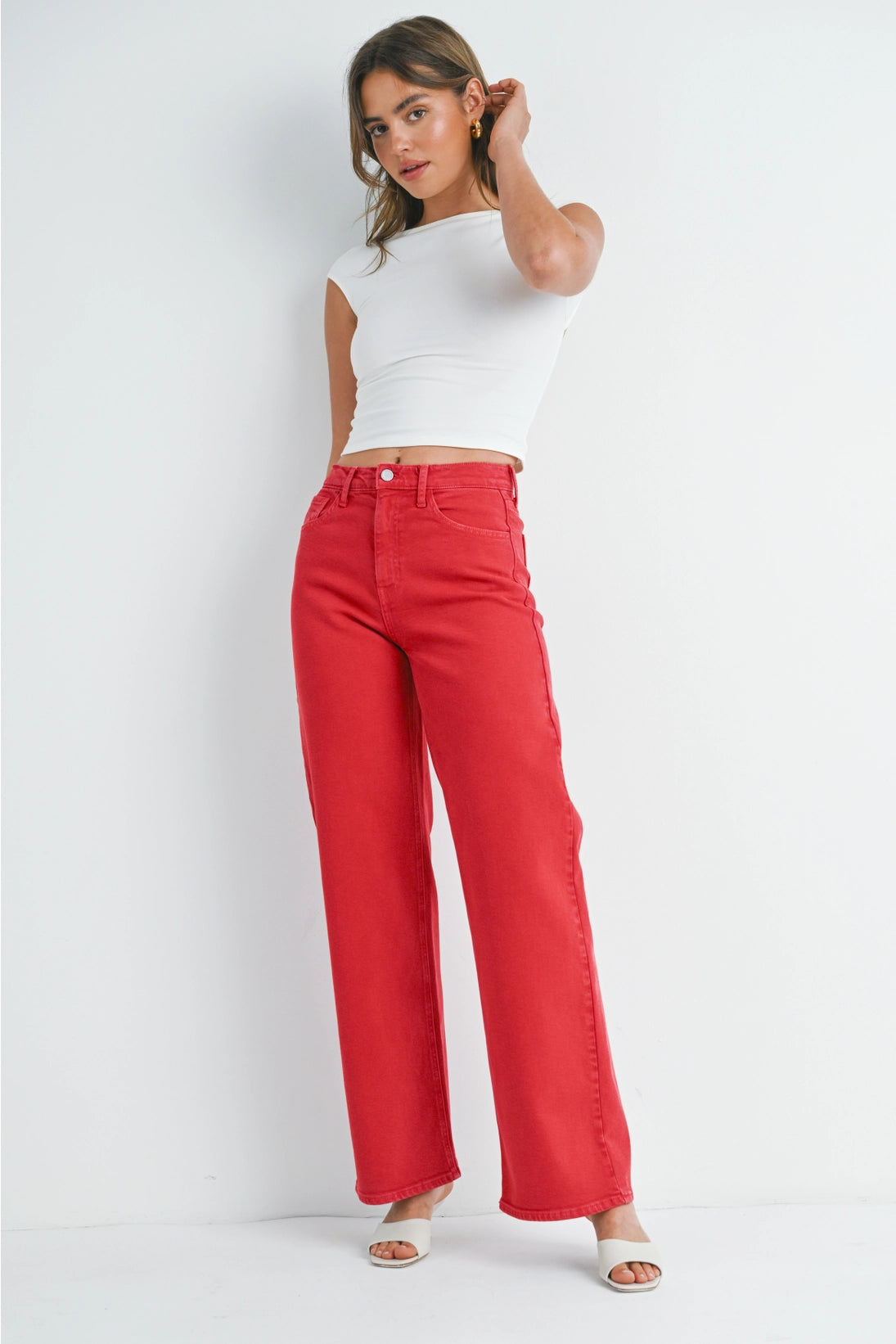 Red Relaxed Leg Jeans Comfortable Dark Wash Jeans