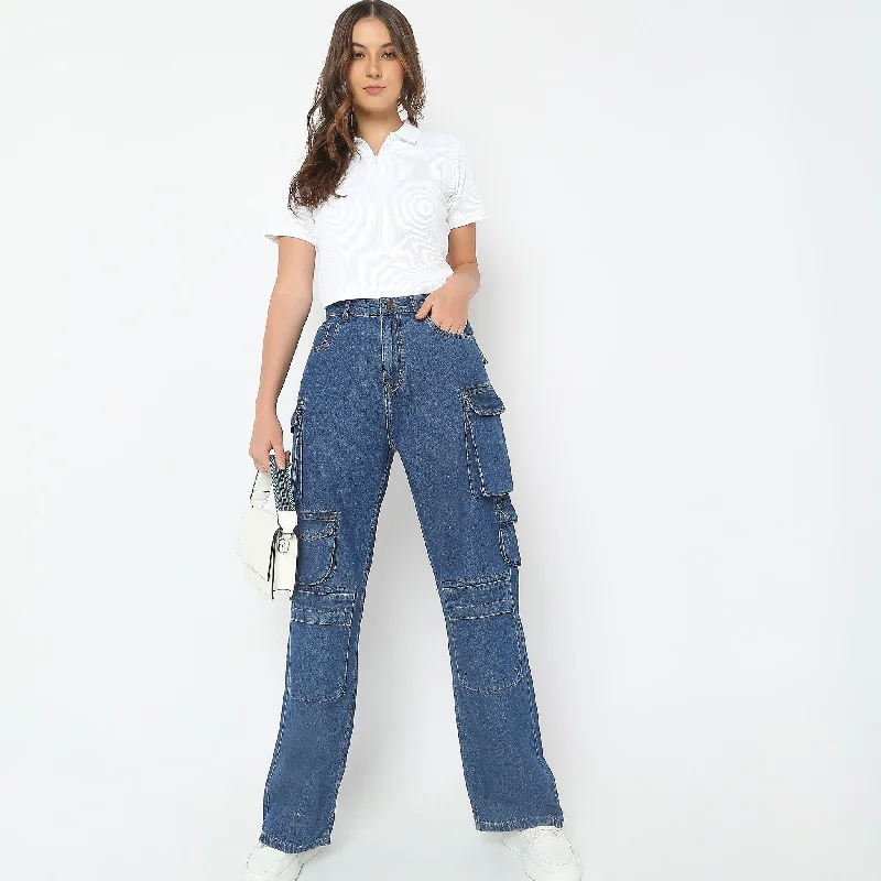 Cargo Fit High Rise Jeans Stylish Paperbag Waist Denim