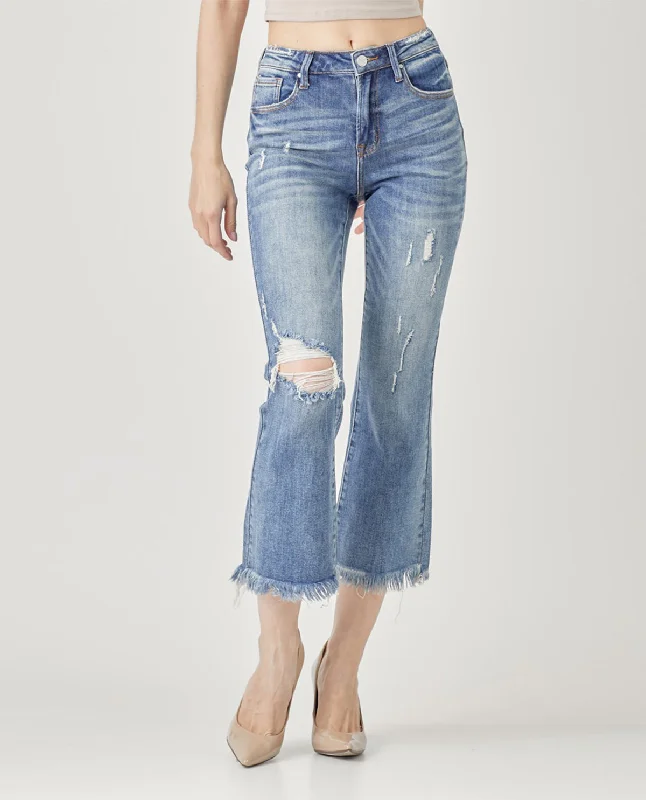 Risen High Rise Crop Flare Jeans Chic Ripped Jeans