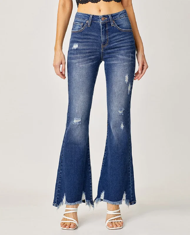 Risen High Rise Distressed Flare Jeans Elegant Wide-Leg Jeans