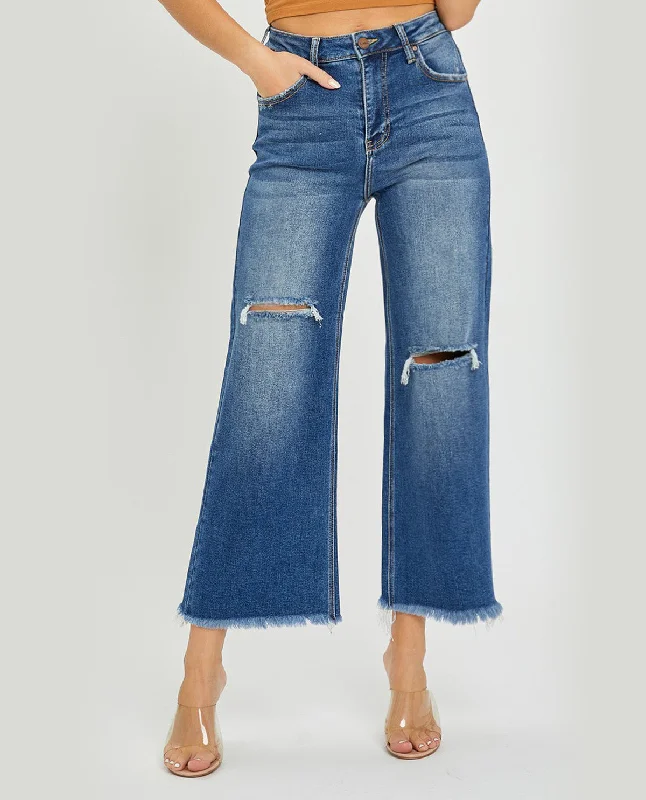 Risen High Rise Frayed Ankle Wide Jeans Trendy Plus Size Jeans