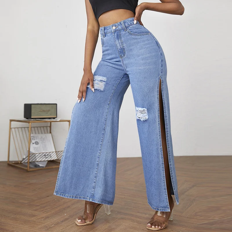 Women Fashion Elegant Casual Loose Ripped Side-Slit Wide Legs Jeans Casual Wide-Legged Denim Jeans