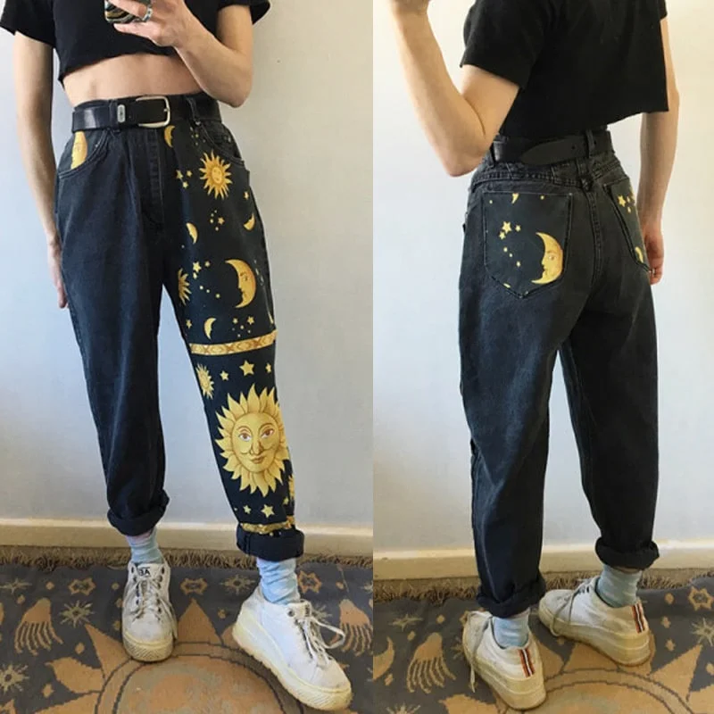 Women Fashion Graphic Printed Straight Jeans Fashionable Frayed Hem Denim