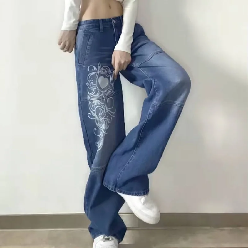 Women Fashion Heart Printed Loose Wide Leg Jeans Trendy Colored Denim Jeans