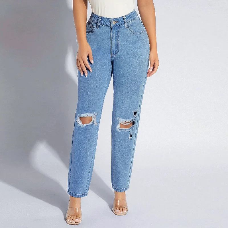 Women Fashion Plus Size Ripped Straight Jeans Trendy Wide-Legged High-Waist Jeans