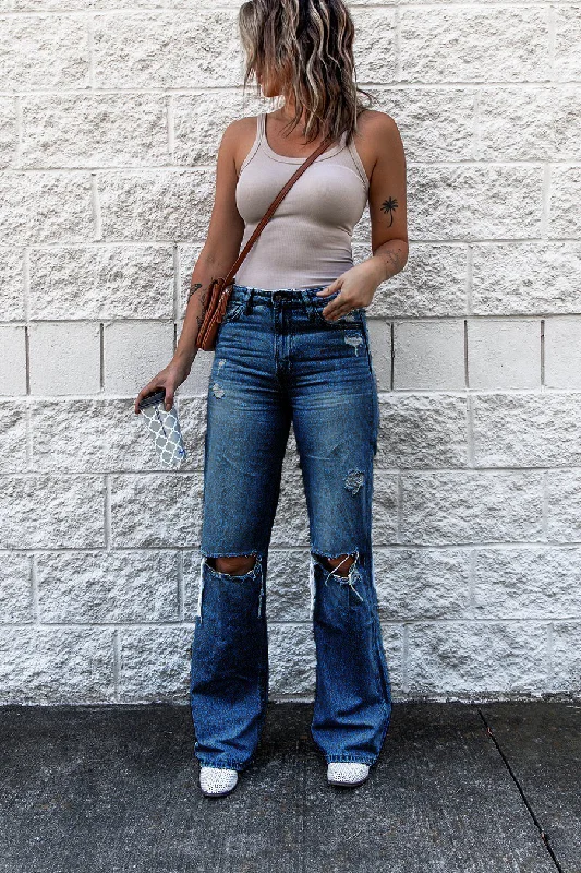 Women Fashion Retro Ripped High Waist Slim Fit Flare Jeans Cozy Relaxed Fit Denim Jeans