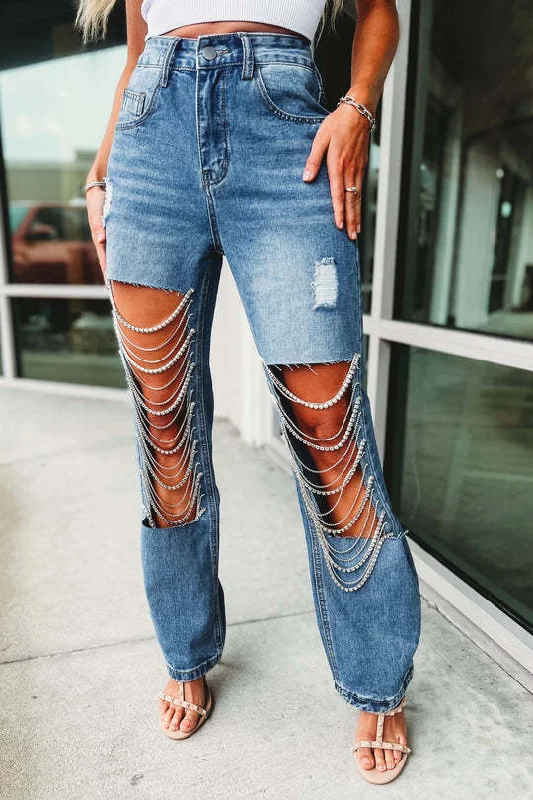 Women Fashion Street Oversized Ripped Chain Charm Straight Leg Jeans Elegant Tapered Leg Denim