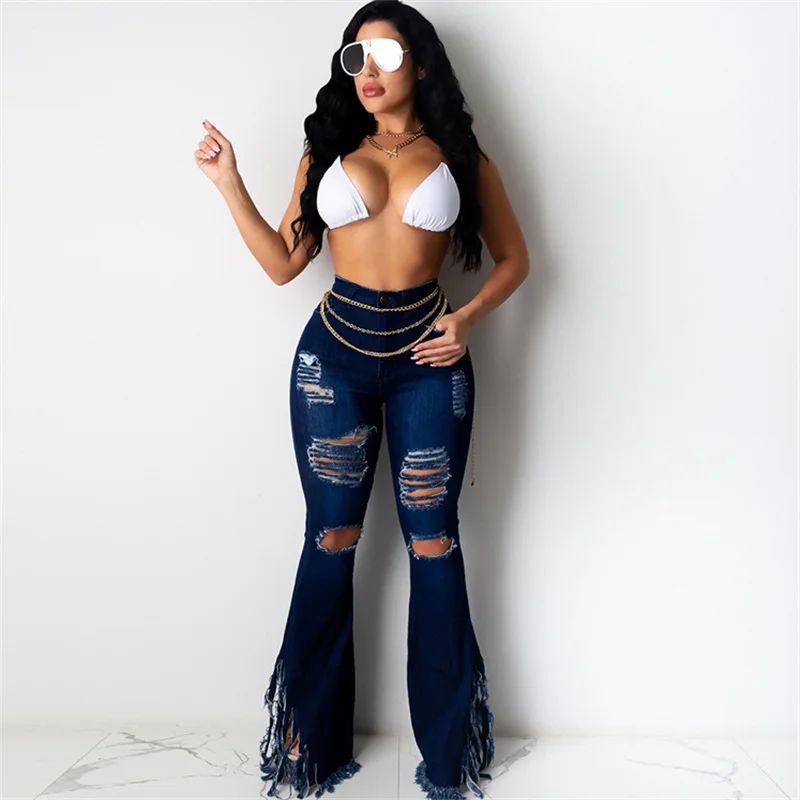 Women Mid-Waist Creative Cut Out Tassels Raw Hem Ripped Flare Jeans Chic Dark-Wash Skinny Jeans