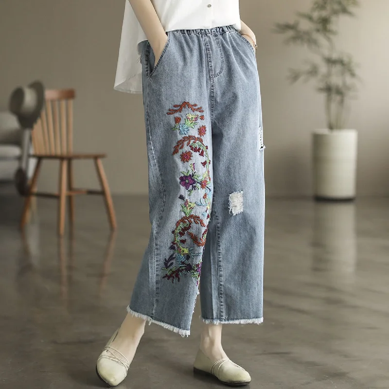 Women'S Fashion Retro Embroidered Raw Edge Ripped Loose Jeans Chic Rolled Cuff Denim Jeans