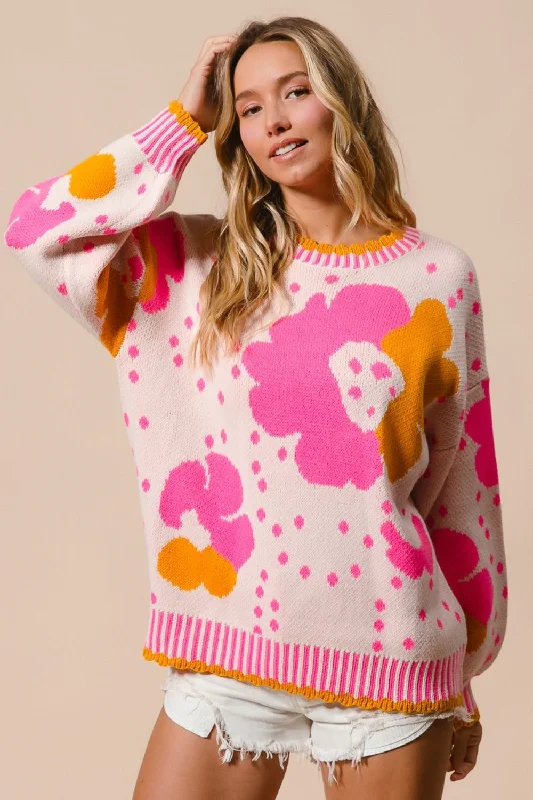 BiBi Flower Pattern Contrast Sweater Chenille Blend Fleece Blend Nylon Blend