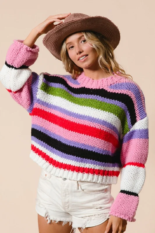 BiBi Multi Color Striped Cropped Sweater Glossy Satin Silk