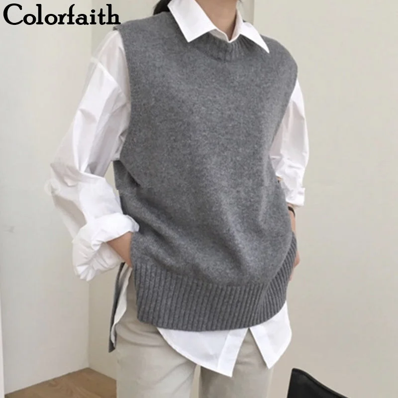 Colorfaith 2019 New Autumn Winter Women Sweaters Sleeveless Split O-Neck Vest Warm Minimalist Knitting Elegant Tops SWV9221 Embroidered Appliqued Beaded