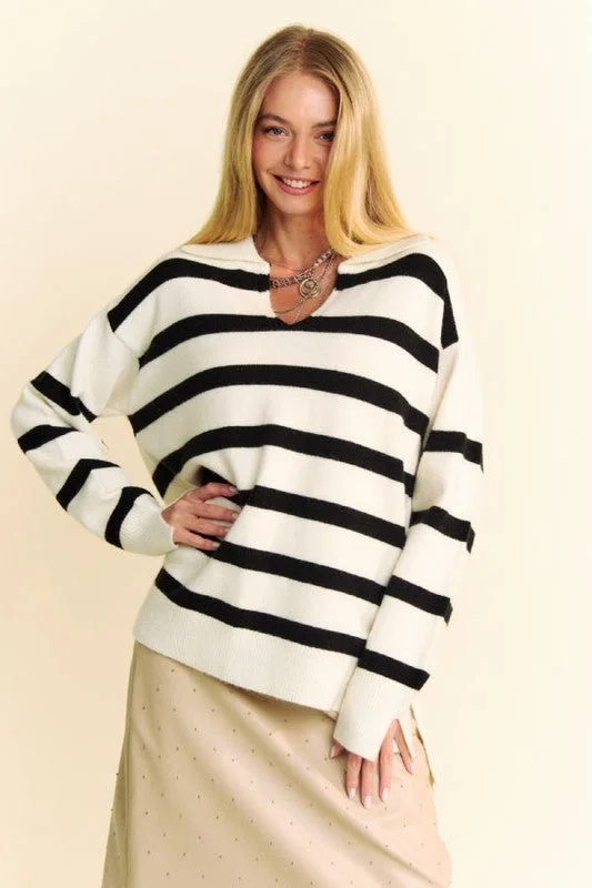 Davi & Dani High-Low Side Slit Striped Johnny Collar Sweater Fitted Slim Tailored