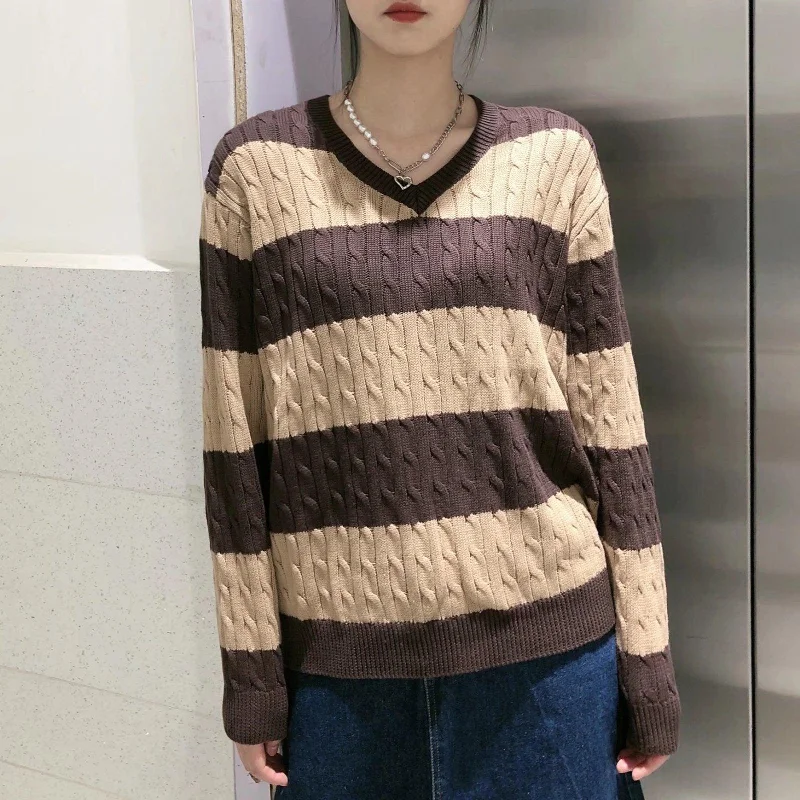 European And American Striped Cable-knit Sweater V-neck Loose Sweater For Women Plaid Sweater Polka Dot Checkered