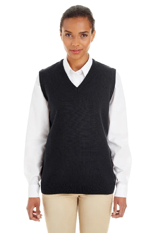 Harriton Womens Pilbloc Pill Resistant V-Neck Sweater Vest - Black Cashmere Blend Cotton Blend Poly Blend