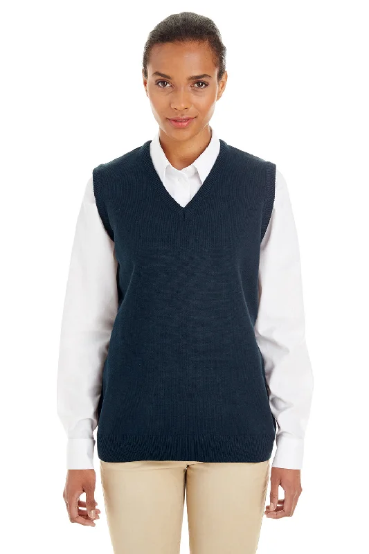 Harriton Womens Pilbloc Pill Resistant V-Neck Sweater Vest - Dark Navy Blue Terry Blend Velvet Blend Canvas Blend