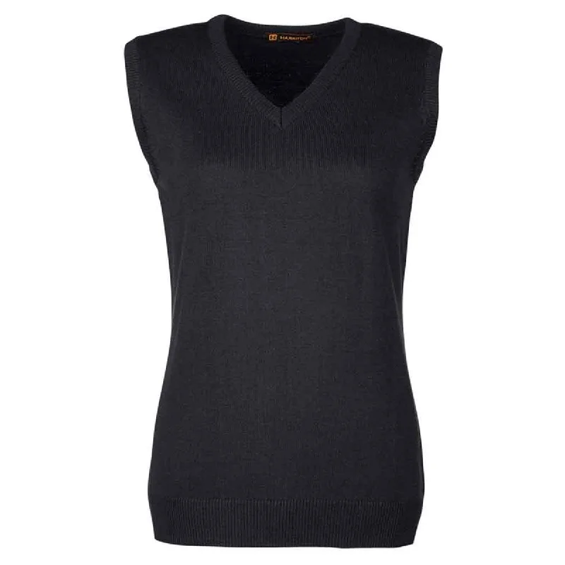 Harriton Women's Black Pilbloc V-Neck Sweater Vest Elegant Classic Vintage