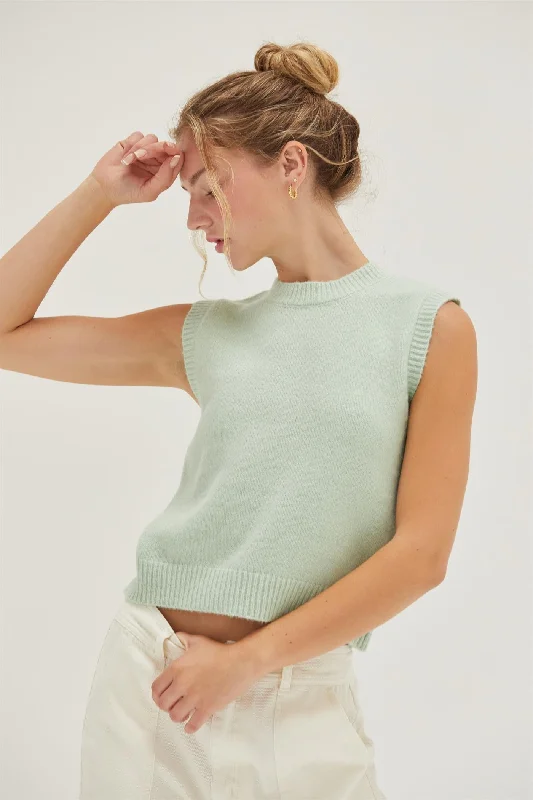 Mint Sleeveless Cropped Sweater Top Print Jacquard Patchwork