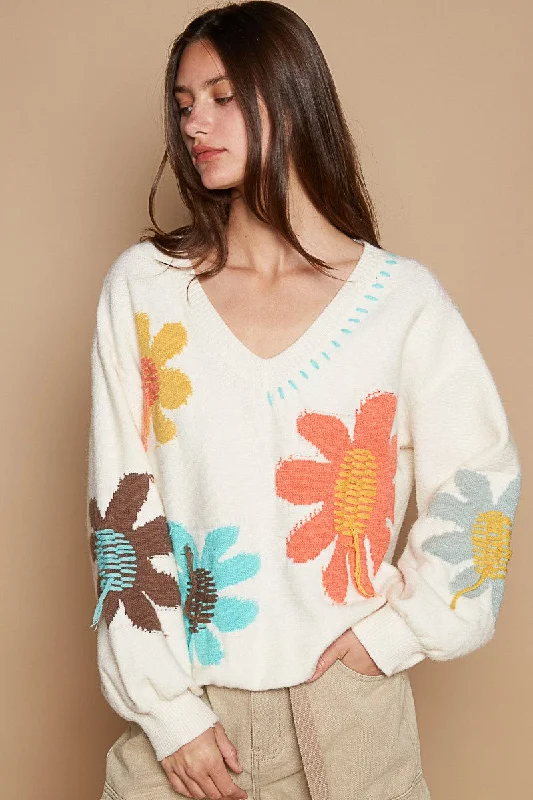 POL V-Neck Long Sleeve Flower Fringe Sweater Soft Cozy Warm