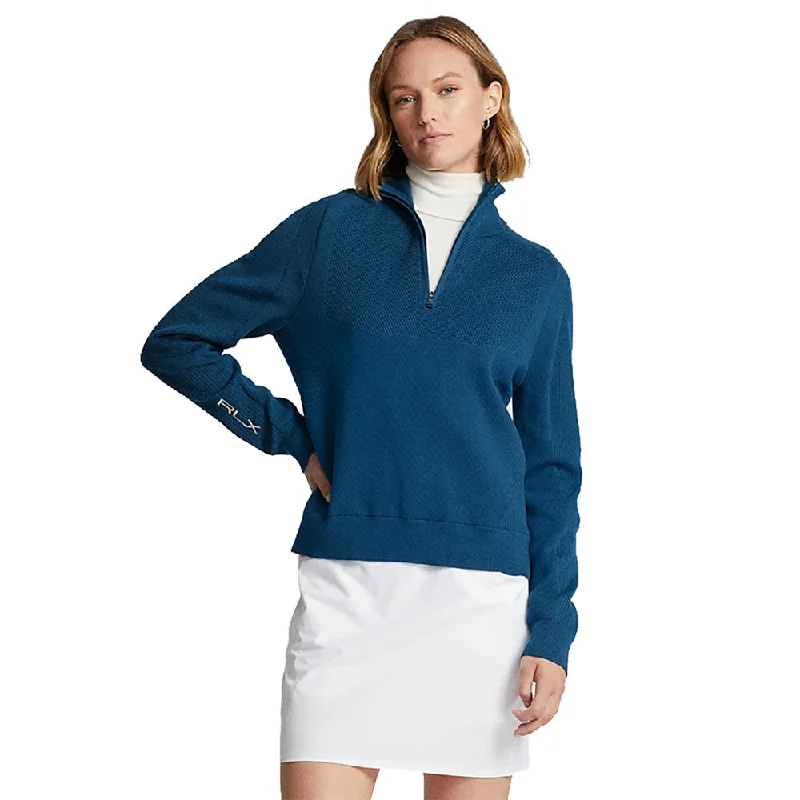 RLX Ralph Lauren Wool-Blended 1/2 Zip Mock Indigo Blue Womens Golf Sweater Cable Knit Ribbed Knit Lace Knit