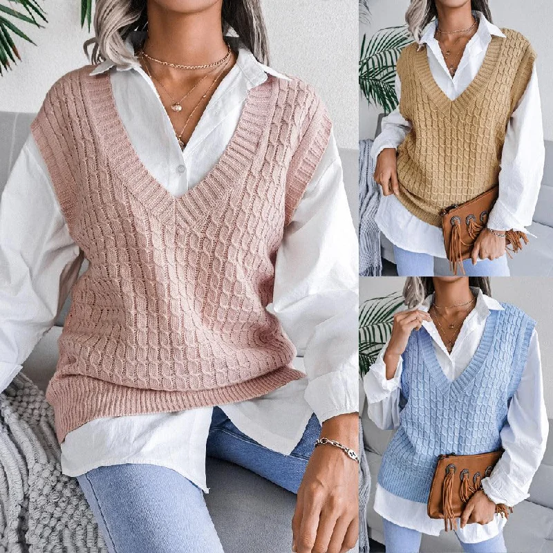 V-neck Twist Casual Loose Knit Sweater Vest Seamless Knitted Crochet