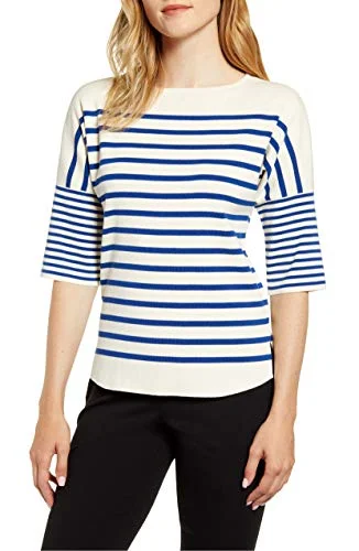 Anne Klein Striped Boat-Neck Sweater (Anne White/Cezanne Blue, XXS) Silk Blend Satin Velvet