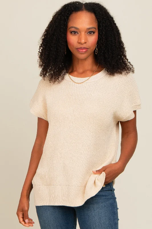 Beige Dolman Short Sleeve Side Slit Sweater Top Bright Pastel Dark