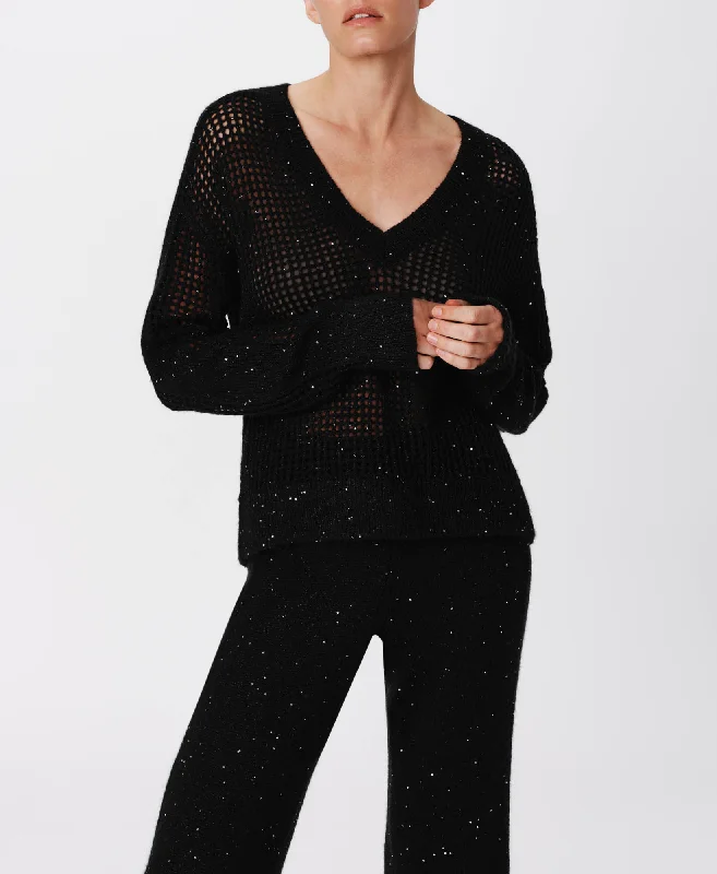 Sequin Wool Blend Net Stitch Sweater - Black Chenille Blend Fleece Blend Nylon Blend