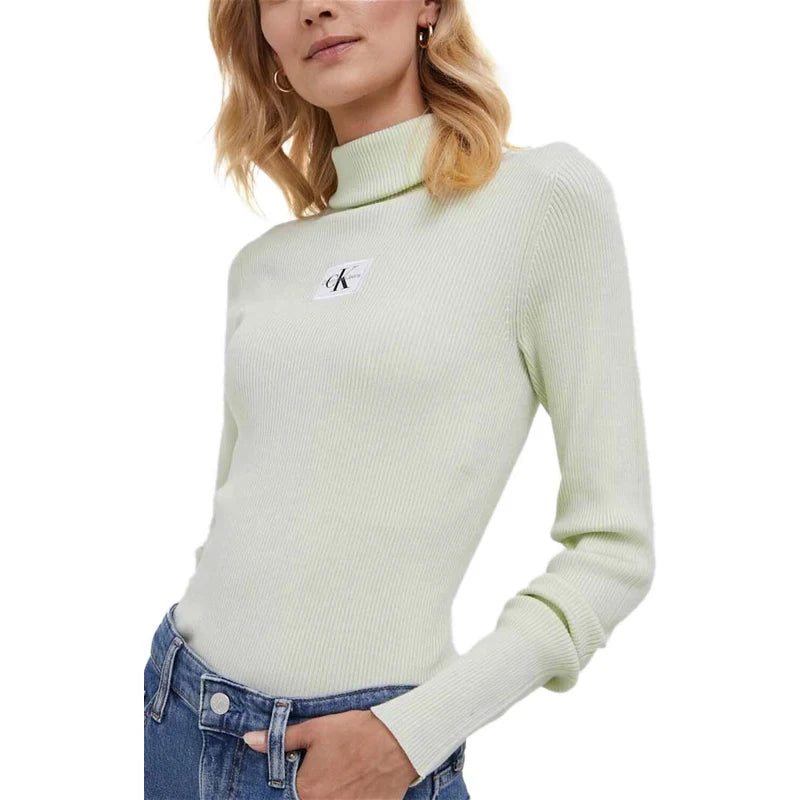 Calvin Klein J221688 Badge Roll Neck Sweater Light Green Handmade Hand-knitted Hand-woven