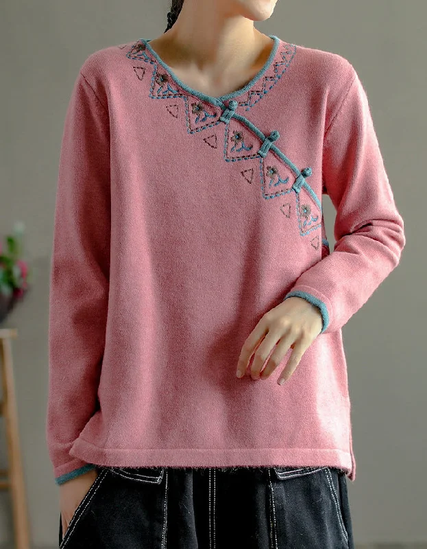 Chinese Style Neck Embroidery Knit Sweater Shirt Cotton Fabric Linen Fabric Terry Fabric