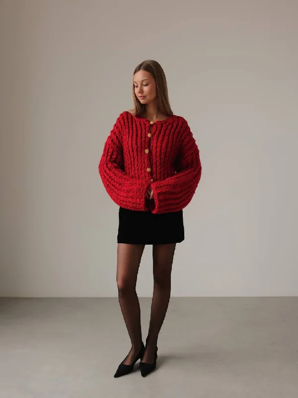 Chunky Red Knit Sweater with Gold Button Details Satin Fabric Silk Fabric Chiffon Fabric