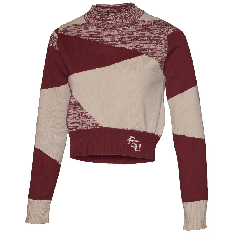 Emerson Street Women's Stacked FSU Logo Heather Knit Long Sleeve Crop Sweater - Garnet/Gold Modern Contemporary Chic