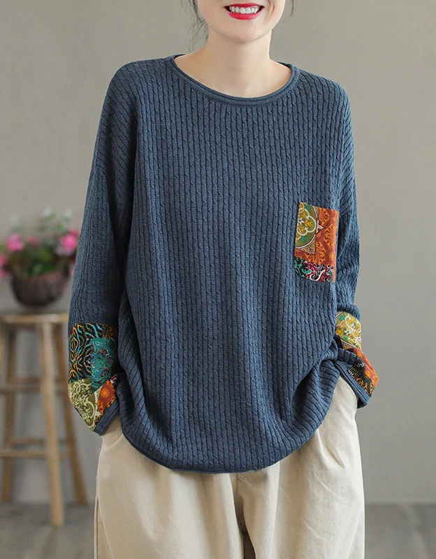 Ethnic Style Patchwork Knitted Loose Sweater Shirt Long Sweater Short Sweater Cropped Sweater