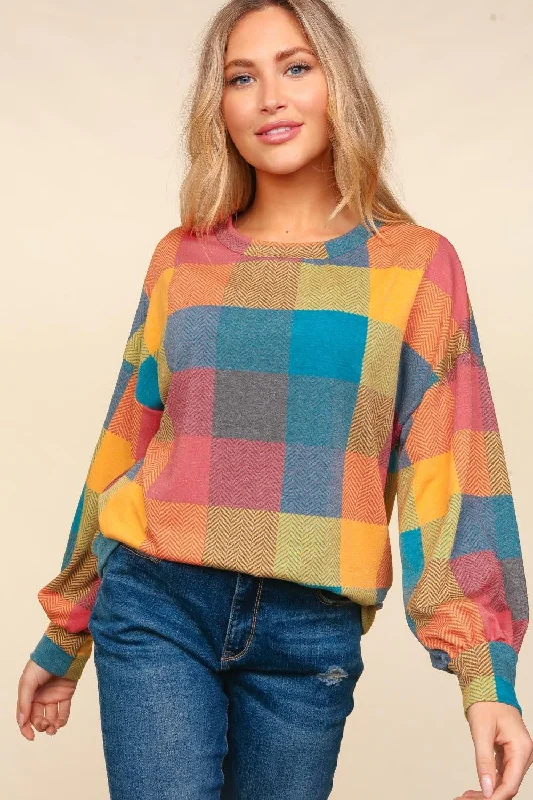 Haptics Contrast Plaid Round Neck Sweater Zippered Buttoned Snapped