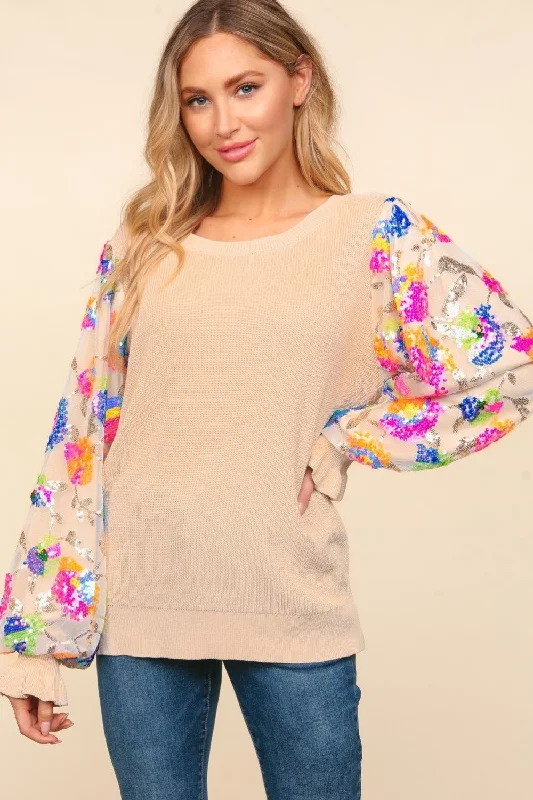 Haptics Floral Sequins Mesh Flounce Sleeve Sweater Stretchy Elastic Breathable