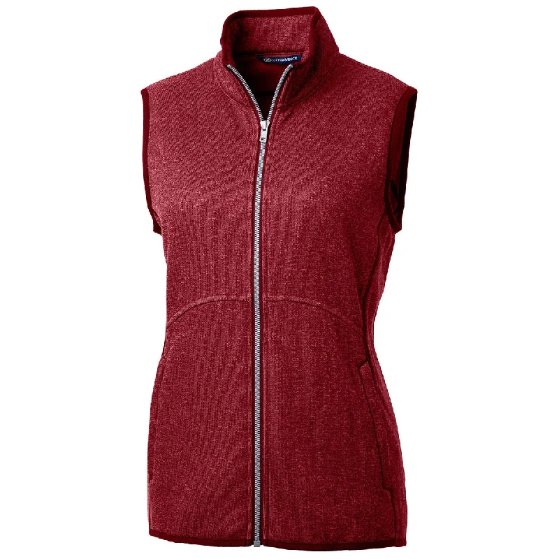 Cutter & Buck Women's Cardinal Red Heather Mainsail Sweater Knit Full Zip Vest Handmade Hand-knitted Hand-woven