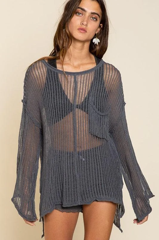 Loose Fit See-through Boat Neck Sweater Hooded Caped Shawl Collar