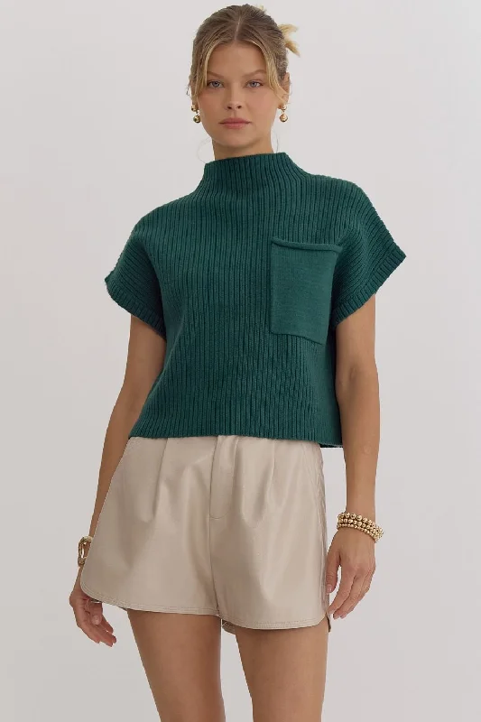 Mock Neck Crop Sweater with Pocket Detail Bright Pastel Dark