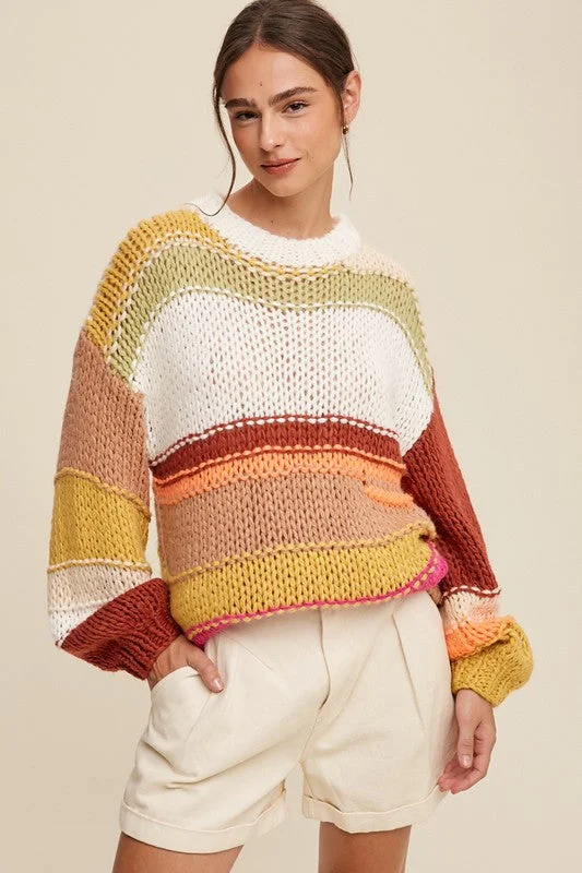 Round Neckline  Knit Hand Crochet Sweater Print Jacquard Patchwork